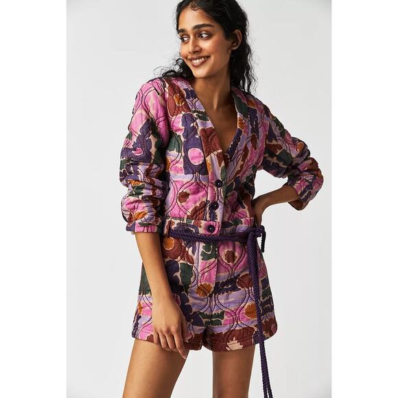 NWT FREE PEOPLE Atlas Quilted One-Piece Romper $228 MEDIUM Berry Combo - Picture 1 of 7
